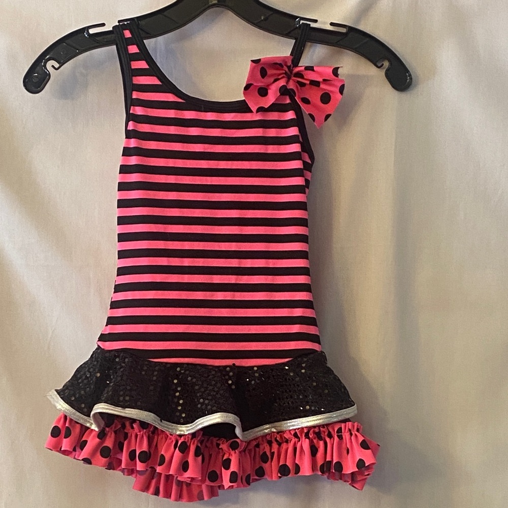 Pink and Black Striped Dance Costume with Ruffled Skirt